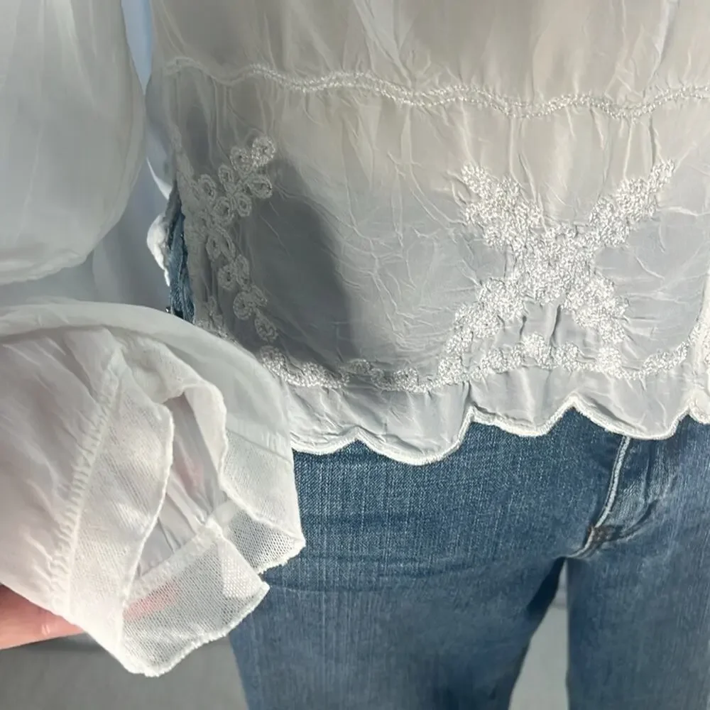 J.Jill gossamer cottage core white rayon v-neck long sleeve peasant blouse S - Picture 3 of 11